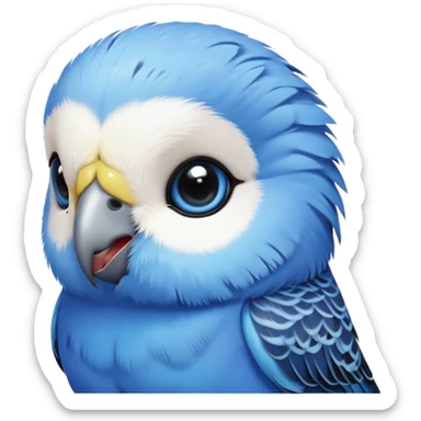 cinematic-cute-blue-budgie-portrait-emoji,-head-tilted-playfully-and-inquisitively,-featuring-a-brilliant-blue-feathered-fur-and white and black feathered face-with-a-natural-sheen,-round,-sparkling-dark-eyes-filled-with-curiosity,-simplified-yet-irresistibly-adorable sticker