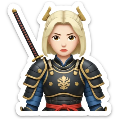 A female samurai with strong posture, armor plates, and fierce determination.  sticker