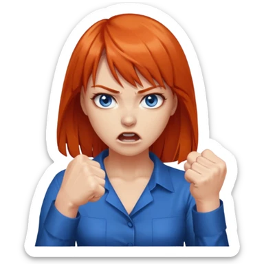 A woman with dark orange hair and bangs, blue eyes, an asmr streamer, angry, clenching his fist sticker