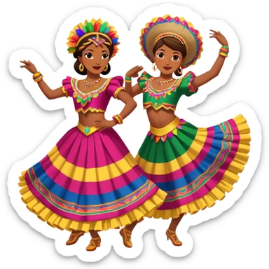 Cinematic Realistic scene of two dancers performing Cumbia, adorned in colorful traditional Colombian costumes with intricate details, captured in rhythmic motion with lively, festive lighting sticker