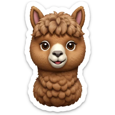 Cinematic Cute Brown Alpaca Portrait Emoji, Head tilted playfully and inquisitively, featuring a plush, rich brown fleece with a natural sheen, round, sparkling warm eyes filled with curiosity, Simplified yet irresistibly adorable features, highly detailed, glowing with a warm, friendly glow, high shine, affectionate and gentle, stylized with a touch of whimsy, bright and endearing, soft glowing outline, capturing the essence of a mischievous yet loving alpaca, so playful it feels like it could prance out of the screen and into your arms! sticker