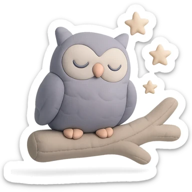 sleepy owl on a tree branch with stars, muted night palette, soft pastel colors, transparent background, cushion style sticker