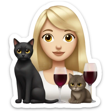 White girl with bangs, black hair and two cats drinking wine  sticker