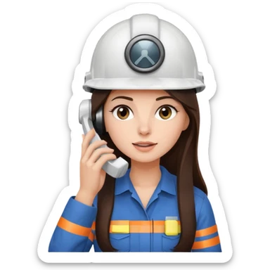 okay now do a brunette girl with long dark brown hair. rolling her eyes like she is annoyed as she is on a phone call (iphone) and is wearing a engineer helmet  sticker