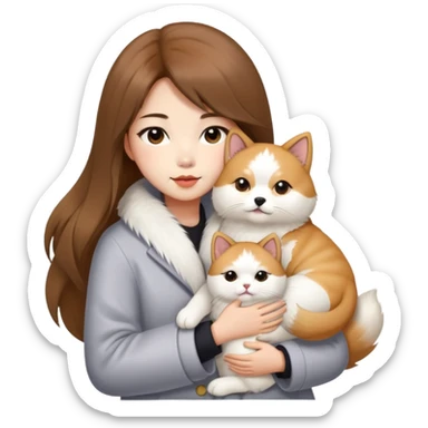 A Chinese fashion girl with brown hair, wearing a light gray fur coat, hugging a Shiba Inu and a long-haired white Persian cat. sticker