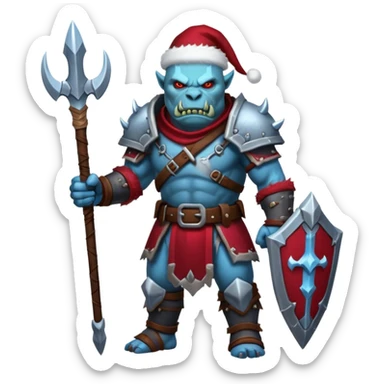 
Fantasy Christmas orc legion soldier icon, iron tundra army theme, heavy winter armor, disciplined brutal look, icy blue steel armor with deep crimson accents, frozen metal texture, cold winter atmosphere, clean readable emoji style
 sticker