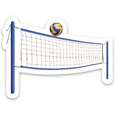 A close-up volleyball net with a ball hovering above it, set against the backdrop of a sandy volleyball court. The scene highlights the tension of an impending play, with the court lines clearly visible and a bright, sunny atmosphere surrounding the action. sticker