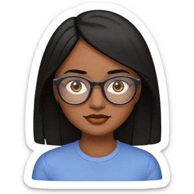 A woman emoji with medium-dark skin, straight shoulder-length black hair parted to the side, an oval-shaped face, arched dark eyebrows, large brown eyes with glasses, a small nose, and natural-toned lips. sticker