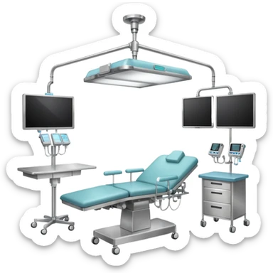 A surgical room setup with overhead lights and sterile instrument table.
 sticker