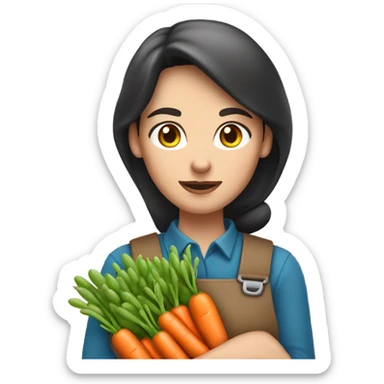 farmer brunette white woman with bunch of peas and carrots in her hands from the garden with gloves on, frowning sticker