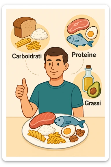 uomo che fa alimentazione attraverso i giusti macronutrienti. Scritte in ITALIANO sticker