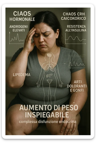 cinematic realistic in italiano Woman with PCOS struggling with hormonal chaos, transparent overlay showing elevated androgens and insulin resistance affecting her body, lipedema causing disproportionate fat accumulation in legs and arms despite normal torso, expression of frustration with unexplained weight gain, medical charts showing complex endocrine dysfunction, painful swollen limbs contrasting with metabolic confusion in italiano sticker