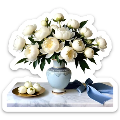 An intricately detailed porcelain vase with gold accents cradles a cascading bouquet of white peonies, tinged with hints of sky blue. Around the neck of the vase, a dusty blue velvet ribbon is artfully tied into a loose bow, its ends draping gracefully over the table’s edge. A few petals have delicately fallen onto the tabletop, resting beside a strand of soft pearl beads, adding a sense of quiet romance and nostalgia to the composition.


 sticker