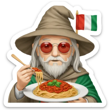 Gandalf with sunglasses, eating spaghetti and wearing Italian colors with an Italian flag somewhere sticker