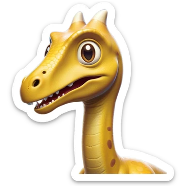 Cinematic Comical Brachiosaurus Portrait Emoji, Head tilted dramatically with an exaggeratedly surprised expression, featuring a tiny, animated head atop an impressively long neck, with wide, comically expressive eyes and a subtly quirky posture, Simplified yet humorously expressive features, highly detailed, glowing with a slightly sassy golden glow, high shine, dramatic yet playful, stylized with an air of cheeky prehistoric mischief, soft glowing outline, capturing the essence of a meme-worthy Brachiosaurus that looks ready to playfully leap its way into viral fame! sticker
