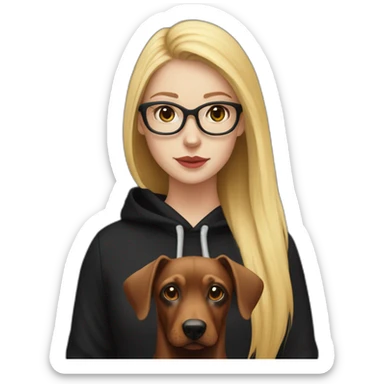 white girl with glasses and long blonde hair and black hoodie and a red doberman sticker
