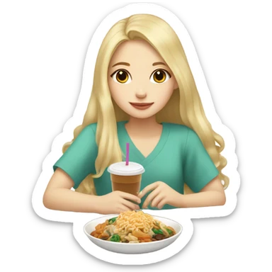  Blonde long hair girl eating Korean food and drinking boba sticker