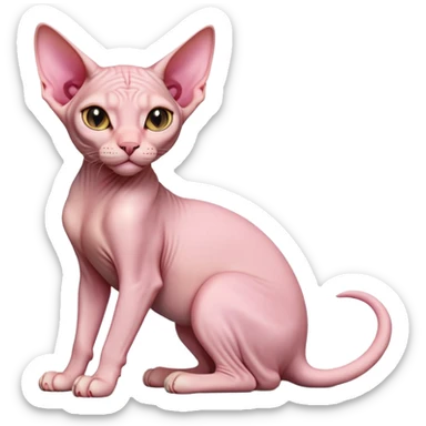 cinematic-[sphynx cat]-realistic-full-body-sitting-emoji,-tail-curled-playfully-around-its-paws,-head-tilted-dramatically,-sleek-[pink]-skin,-simplified-yet-realistic-focused-features,-highly-detailed,-glowing-with-an-almost-sarcastic-glow sticker