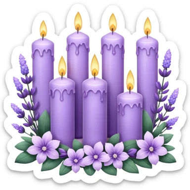 Aesthetic scenic romantic lavender lilac pastels beautiful gorgeous holy divine spiritual pretty elegant sparkly shiny scene of Candles, flowers, plants leaves, amethyst crystals, scenic aesthetic scenery sticker