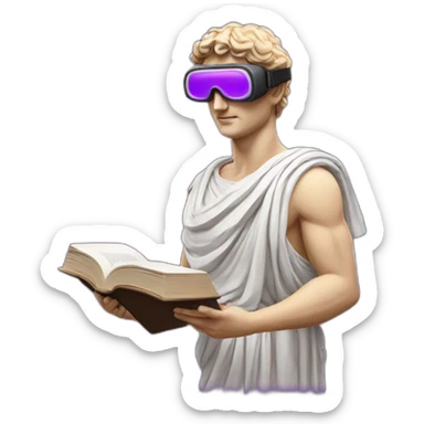 an EMOJI OF A ancient young greek statue reading a book, wearing VR glasses, purple colors, DIGITAL UNIVERSE sticker