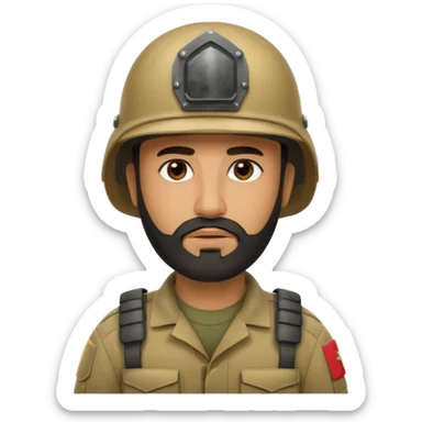 very tired, swarthy, Iraqi soldier in a helmet, helmet without insignia, with a beard sticker