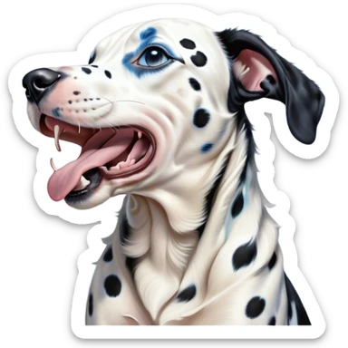 Cinematic Cute Yawning Harlequin Dalmatian Portrait Emoji, Head tilted slightly with a dramatic, wide-open yawn, showcasing a smooth Fur of predominantly white with bold black patches, floppy ears slightly drooping, round blue eyes barely open in drowsy contentment, Simplified yet irresistibly adorable features, highly detailed, glowing with a soft, cozy glow, high shine, relaxed yet expressive, stylized with a touch of whimsy, bright and endearing, soft glowing outline, capturing the essence of a sleepy yet affectionate guardian, so drowsy it feels like it could stretch out of the screen and curl up for a nap! sticker