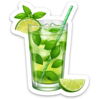 Make a mojito in she style of an emoji in a small glas with only one lime on top and one lime in the glas, not too much mint sticker