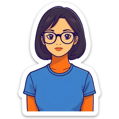 A girl with dark hair, wearing glasses, slightly tanned, with a mole below her left lip. She is wearing a dark blue T-shirt. sticker