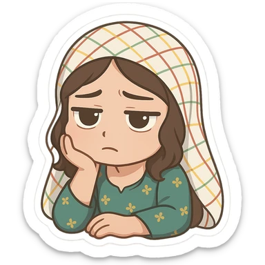 Kurdish man or woman in jamadani, cartoon style, feeling bored, resting head on hand, blank stare, no text sticker