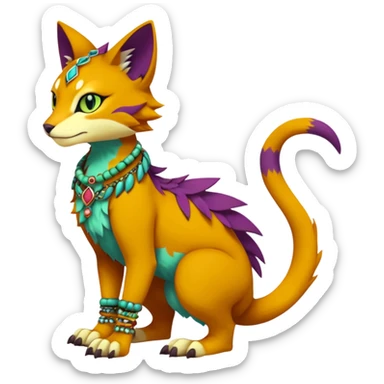 Kawaii cute reddish orangish yellowish greenish purplish exotic tribal beautiful pretty elegant divine edgy feline-vernid-sergal-Fakémon-Pokémon-Digimon-fursona-animal-creature with bracelet, necklace, full body, with intricate detailed markings sticker