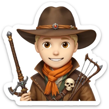 male human monster hunter emoji, wearing brown leather coat and wide hat, holding crossbow, with amulet shaped like skull, Halloween fantasy theme, confident smile, orange scarf, Apple emoji style, clean white background, square image sticker