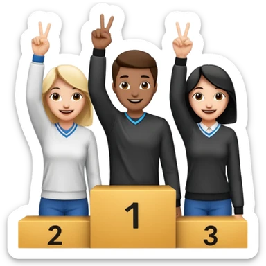 three casually dressed people on a winners podium with the center step higher, black and white, no numbers, center person holding up one finger on each hand, left person holding up two fingers on each hand, right person holding up three fingers on each hand, cheerful expressive emoji style sticker