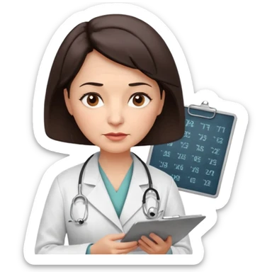 A female doctor in her 50s with visible facial wrinkles, dark brown short bob hair, her body turned slightly at an angle, with her gaze clearly directed downward and fixed on the medical chart she is reviewing. sticker