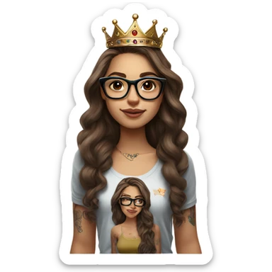 Hyperrealistic beautiful  girl, wearing a crown and glasses with tattoos, with long brown hair  sticker