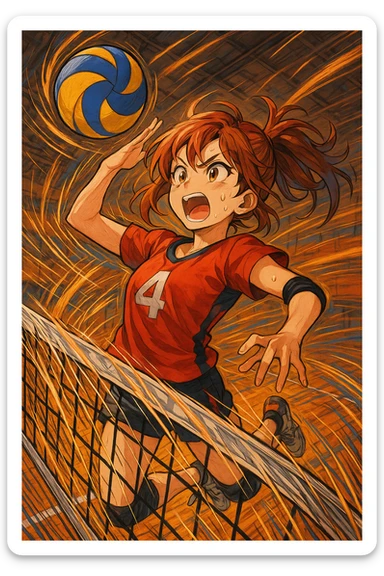 Add a volleyball net to the scene, keeping a dynamic anime-inspired style with energetic and expressive elements. sticker