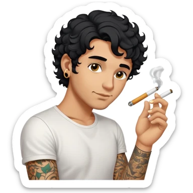 Italian guy with tanned skin, curly black hair in a short bob and stubble, with a gold earring in his left ear, wearing a white T-shirt, with a tattoo on his forearm, smoking a cigarette sticker