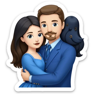 tall white man with brown hair goatee mustache hugging a pale woman with long black hair, wearing blue formal clothing sticker