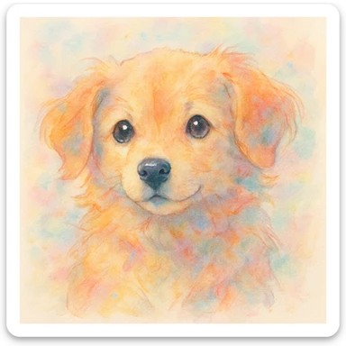Make the dog even more expressive while maintaining the Hikaru Kotz style with delicate strokes, colorful, soft atmosphere, and a light background. Enhance the expressiveness of the dog with subtle details and gentle colors consistent with the Hikaru Kotz artistic style. sticker
