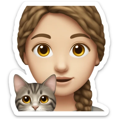 brown haired girl with pale skin holding greyish brown tabby cat realistic  sticker