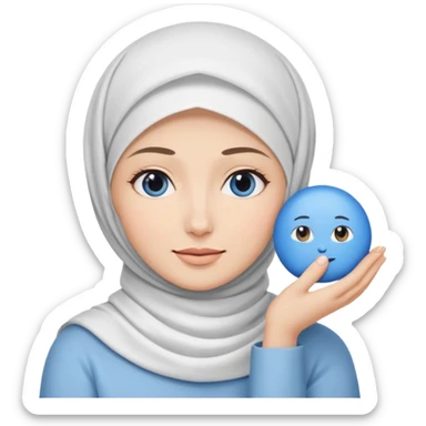 white pretty woman with white hijab holding a blue cushion foundation emoji sticker