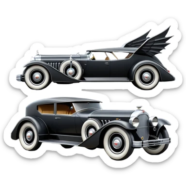  the animated series aerodynamic opulent dark futuristic concept Batmobile loosely based on 1926 V16 Cadillac wagon (flat long straight faceted mechanical body) winged stealthy street hot rod  sticker