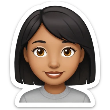 light brown skin girl with small lips, black layered hair, doe eyes, smiling sticker