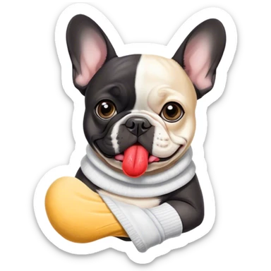 Black and white frenchie eating a sock  sticker