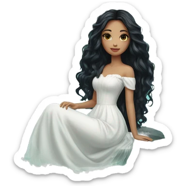 Pretty young Lady doll posing posed pose with long black hair flowers in hair white dress surrounded by flowing water sticker