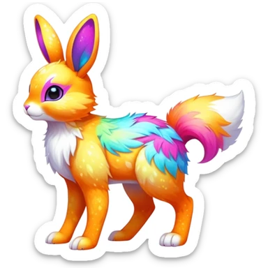 Vibrant multicolored neon-colored Falvie-Fionbri-creature-sparkle-bunny-hybrid-fursona, full body, fur pattern-markings sticker