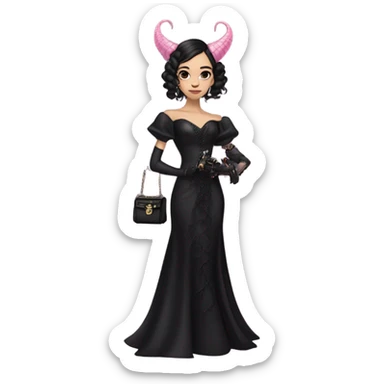 healthy standing flirty Lavish black evening gown with see-through gloves, Jenna Ortega as Addams woman prom queen wearing a steampunk mini tiara, very large blood moon pink evil-looking horned old dragon purse sticker