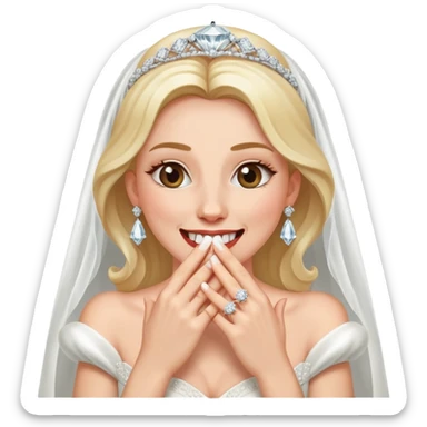 A bride giggling with her hands covering her mouth with a FAT rock on her hand sticker