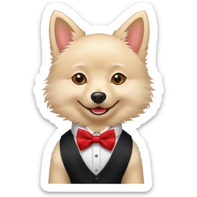light beige spitz with a smile in a black vest with a red bow tie sticker
