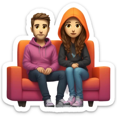 Female girl with long brown hair in mulneon hoodie . gaming with white male guy. shaved brown hair and short scruff in multi neon hoodie . Sitting on a sofa with a TV in a gamer neon room.  I  sticker