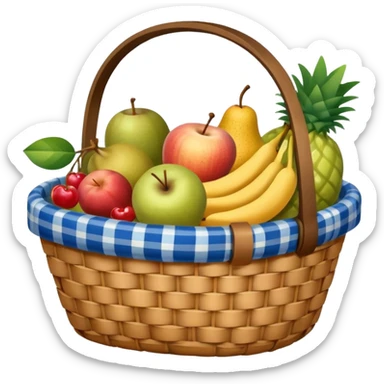 blue plaid lining basket with both food, drink and fruits sticker